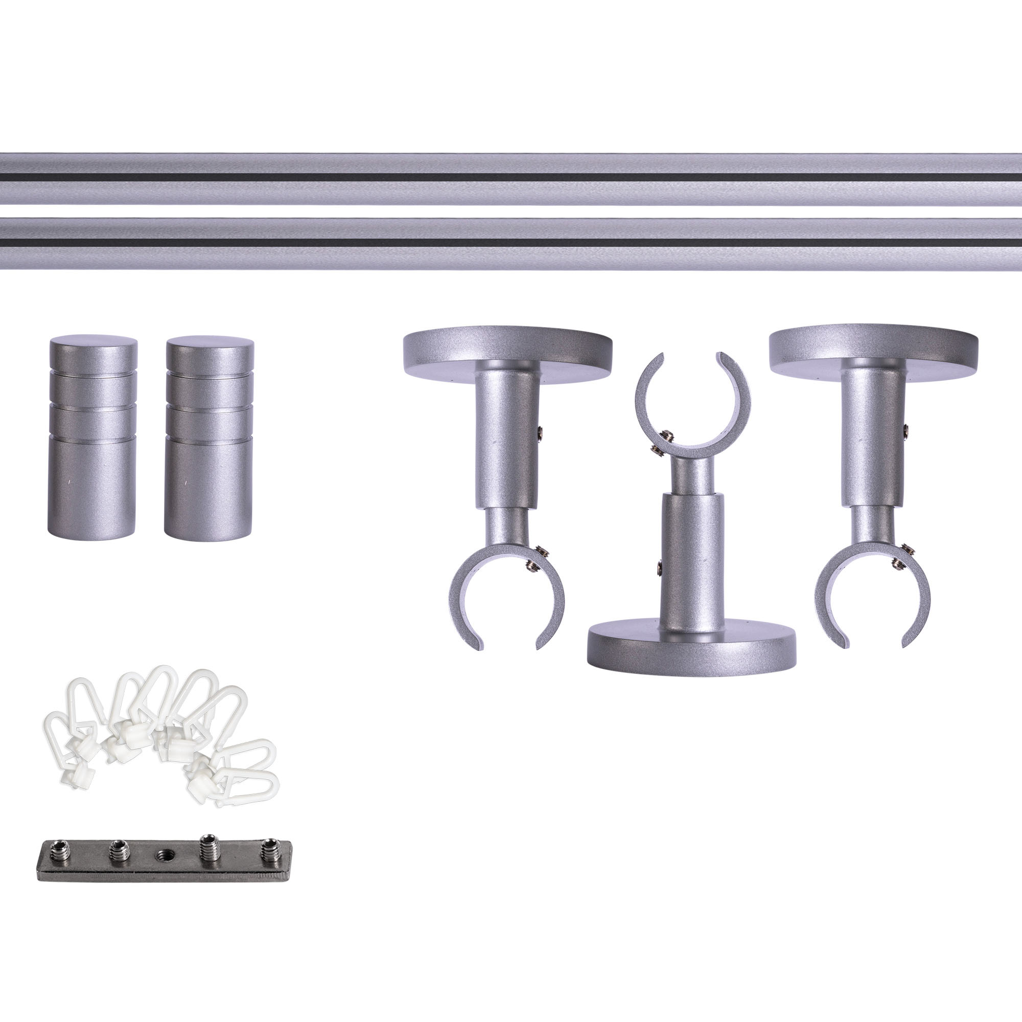 Set tringles à rideaux à rail intérieur | 1 rail, ⌀ 19 mm, 360 cm, argenté + Support plafond, Embout rainuré, Glisseur