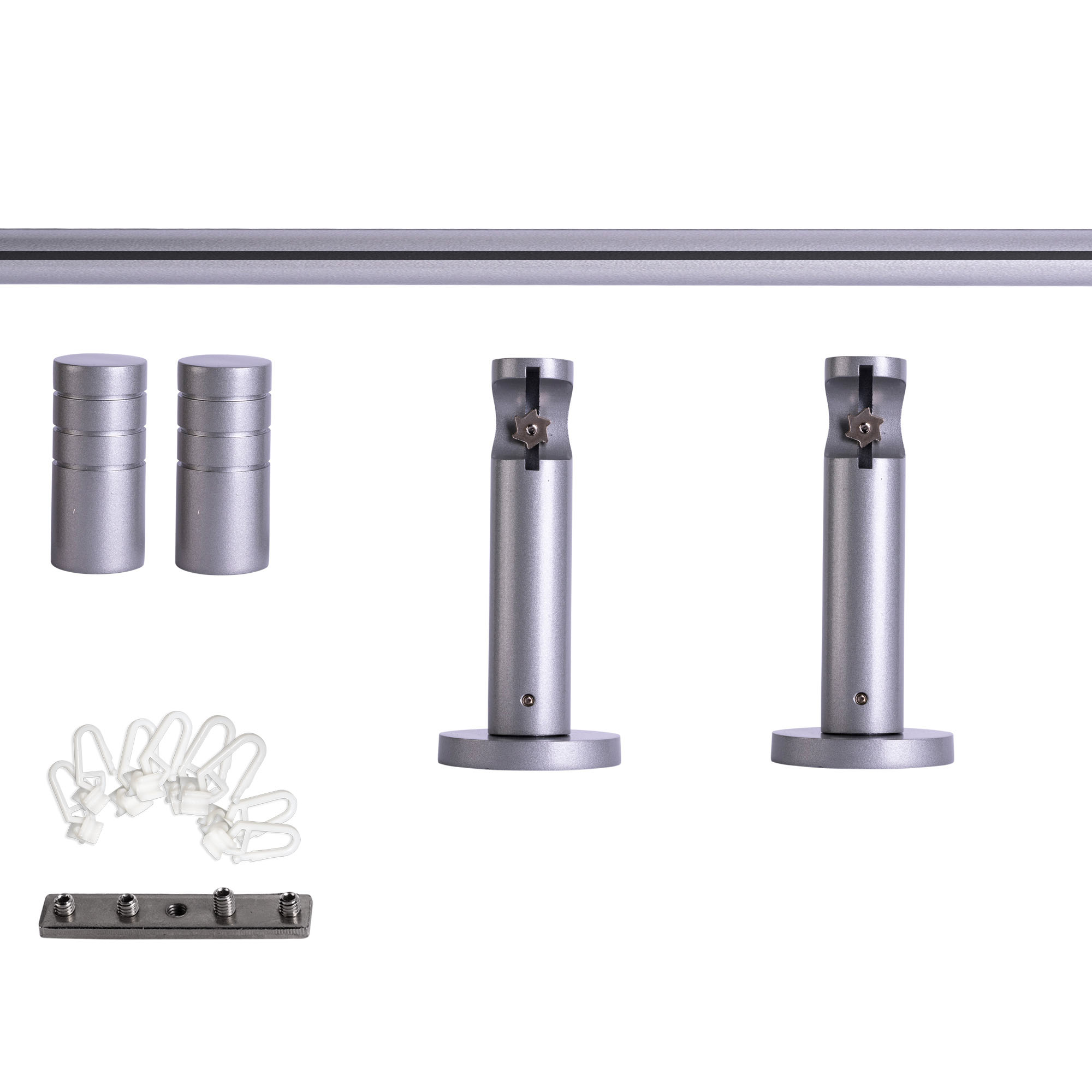 Set tringles à rideaux à rail intérieur | 1 rail, ⌀ 19 mm, 140 cm, argenté + Support mural, Embout rainuré, Glisseur