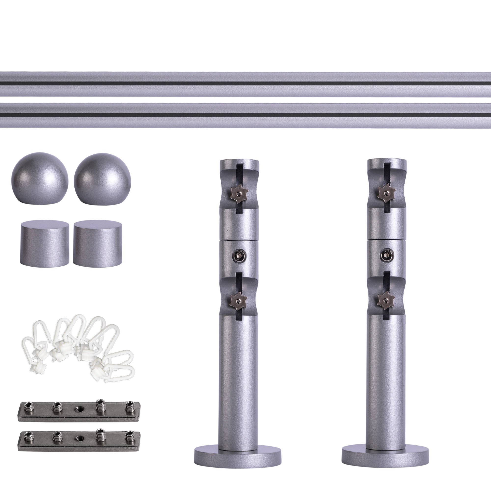 Set tringles à rideaux à rail intérieur | 2 rails, ⌀ 19 mm, 120 cm, argenté + Support mural, Boule, Glisseur