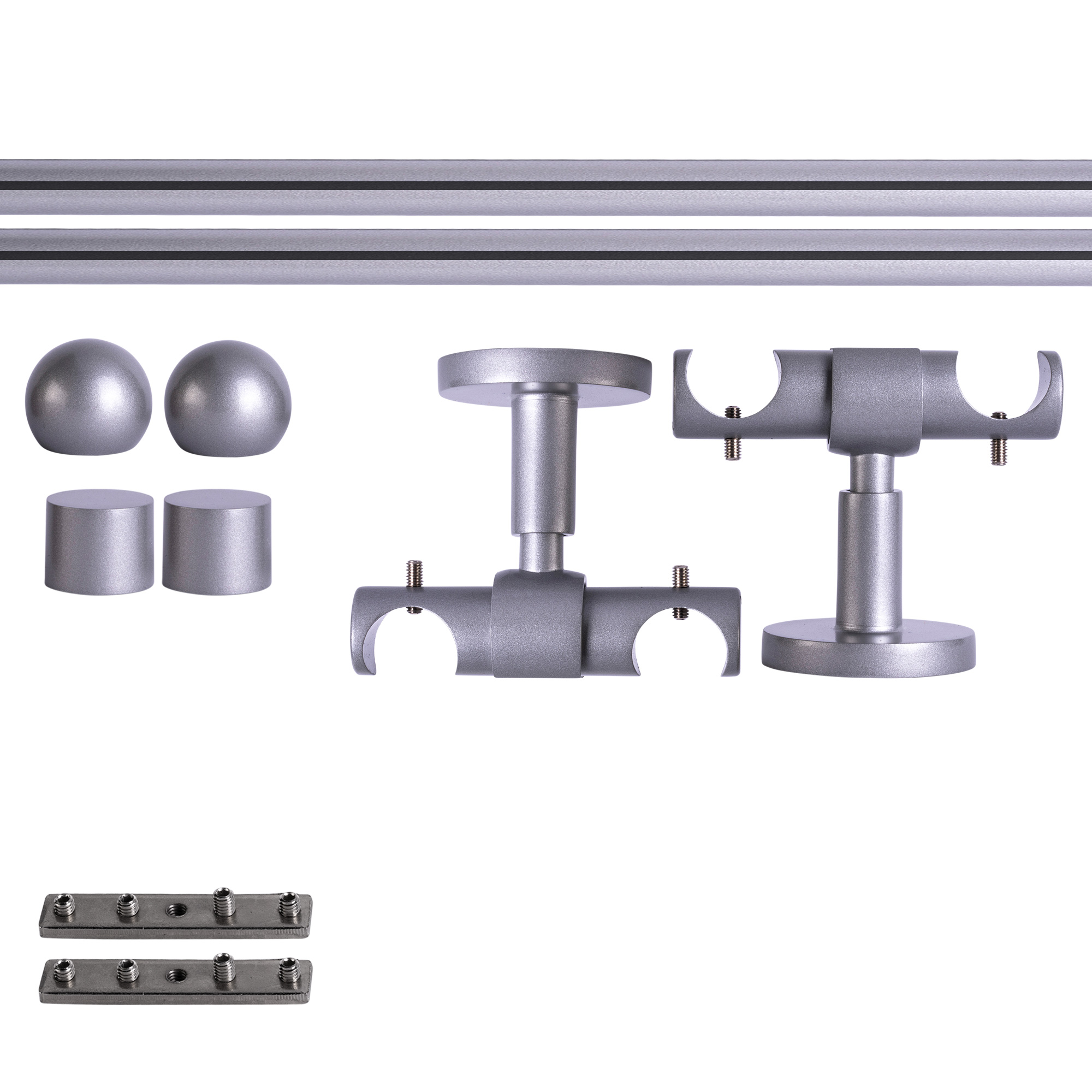Set tringles à rideaux à rail intérieur | 2 rails, ⌀ 19 mm, 120 cm, argenté + Support plafond, Boule