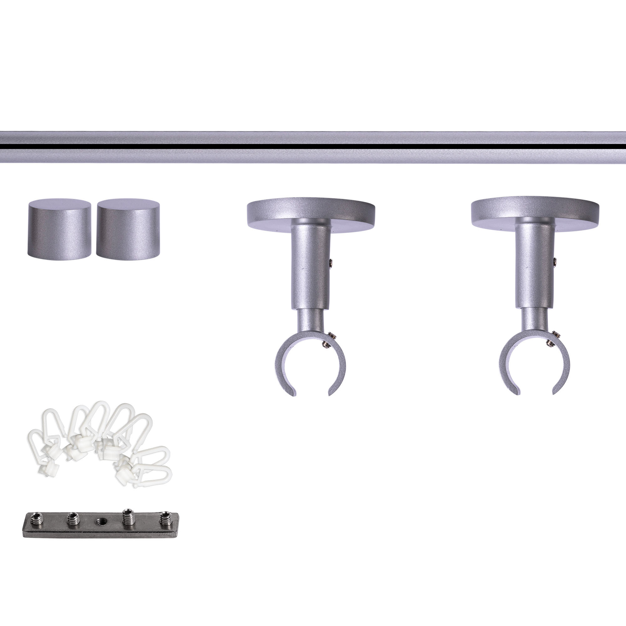 Set tringles à rideaux à rail intérieur | 1 rail, ⌀ 19 mm, 140 cm, argenté + Support plafond, Embout, Glisseur