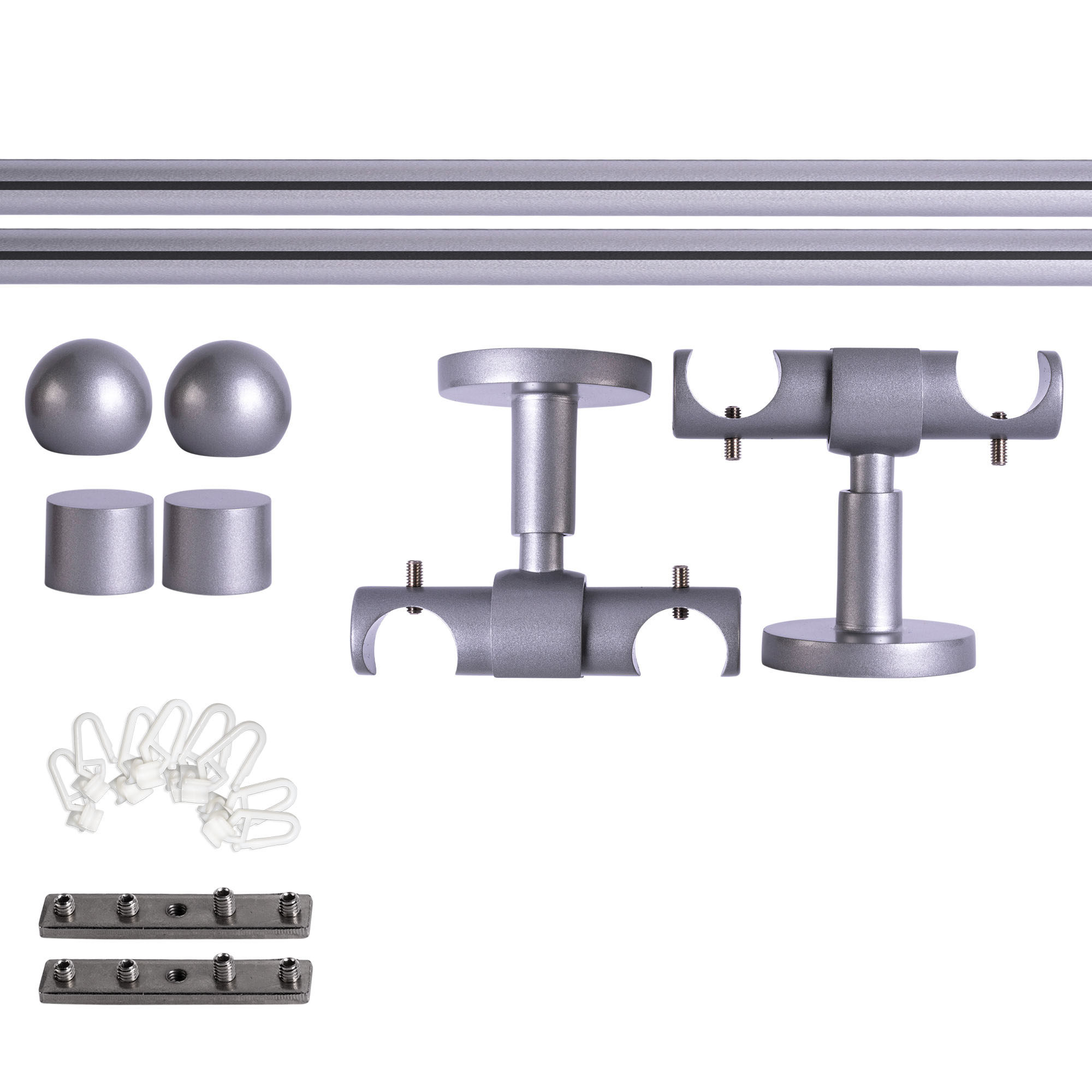 Set tringles à rideaux à rail intérieur | 2 rails, ⌀ 19 mm, 120 cm, argenté + Support plafond, Boule, Glisseur