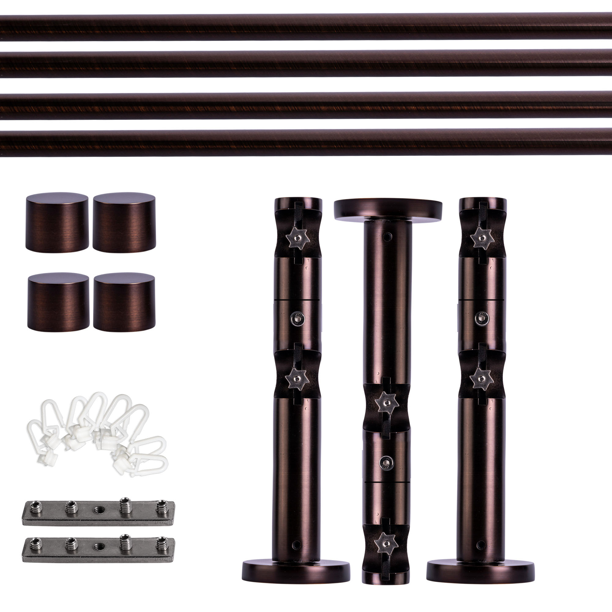 Set tringles à rideaux à rail intérieur | 2 rails, ⌀ 19 mm, 320 cm, rouge-bronze + Support mural, Embout, Glisseur