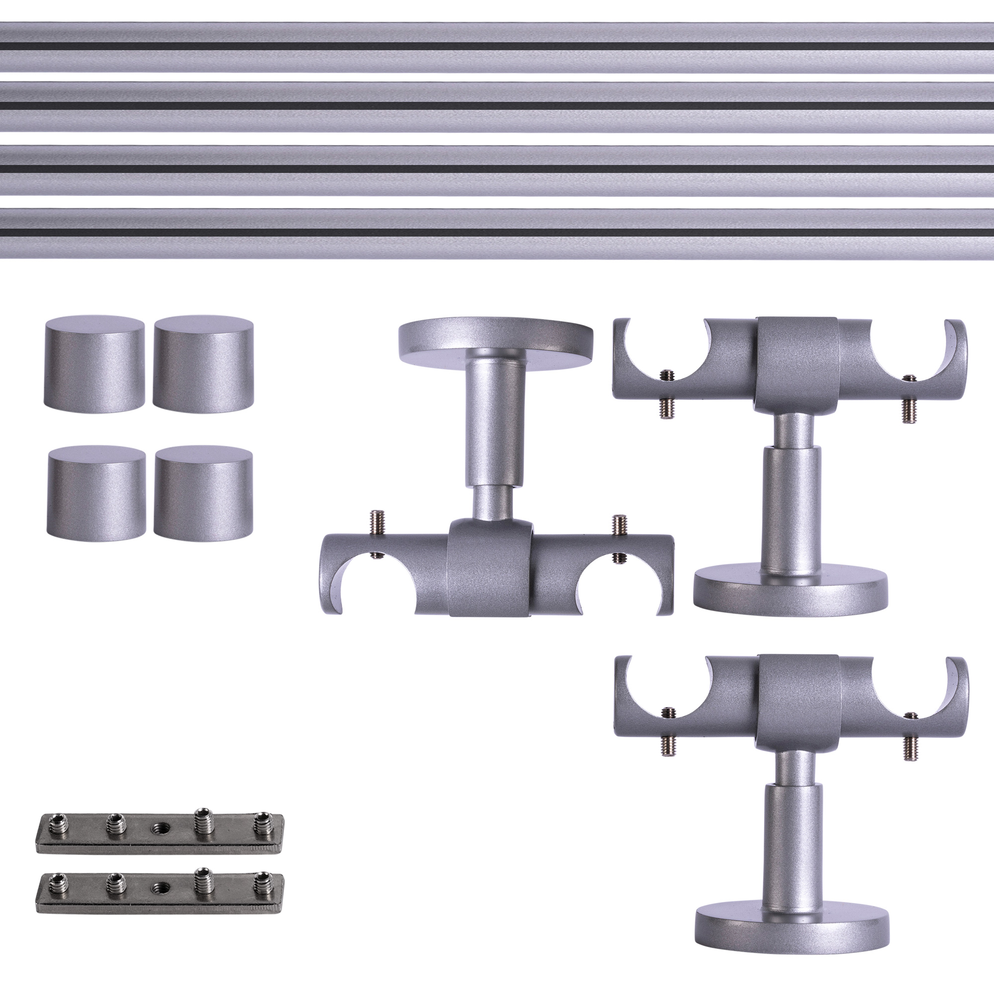 Set tringles à rideaux à rail intérieur | 2 rails, ⌀ 19 mm, 280 cm, argenté + Support plafond, Embout