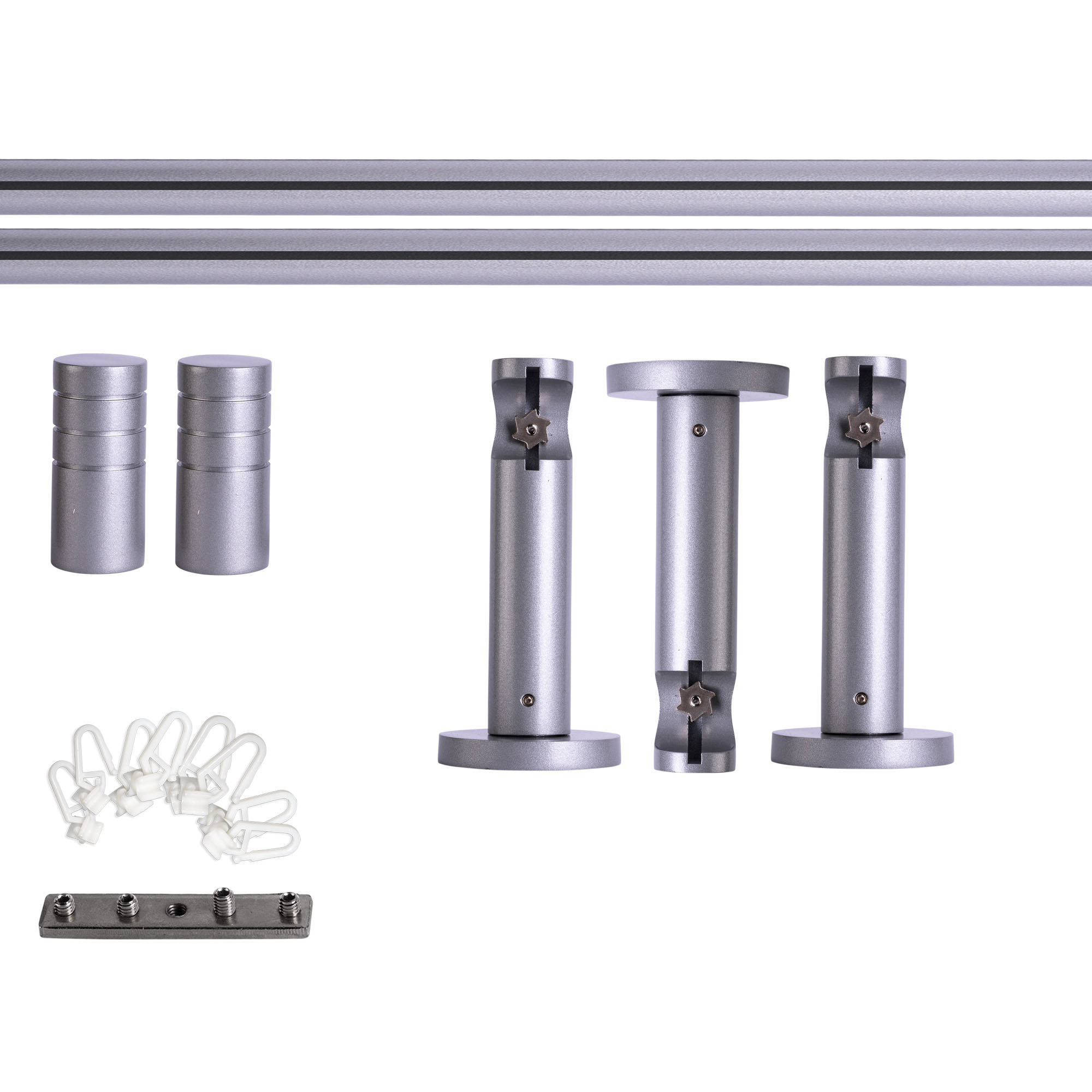 Set tringles à rideaux à rail intérieur | 1 rail, ⌀ 19 mm, 280 cm, argenté + Support mural, Embout rainuré, Glisseur