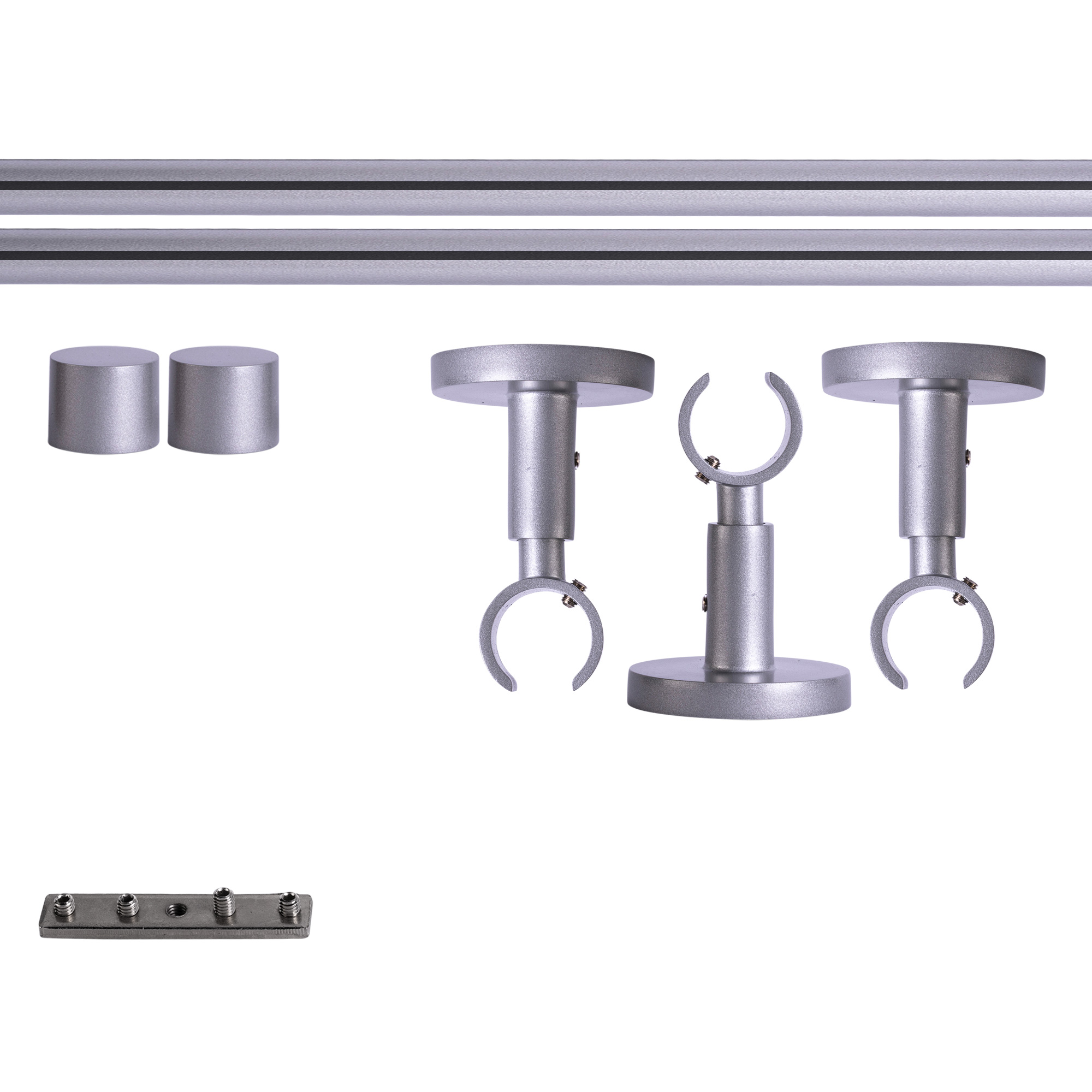 Set tringles à rideaux à rail intérieur | 1 rail, ⌀ 19 mm, 280 cm, argenté + Support plafond, Embout