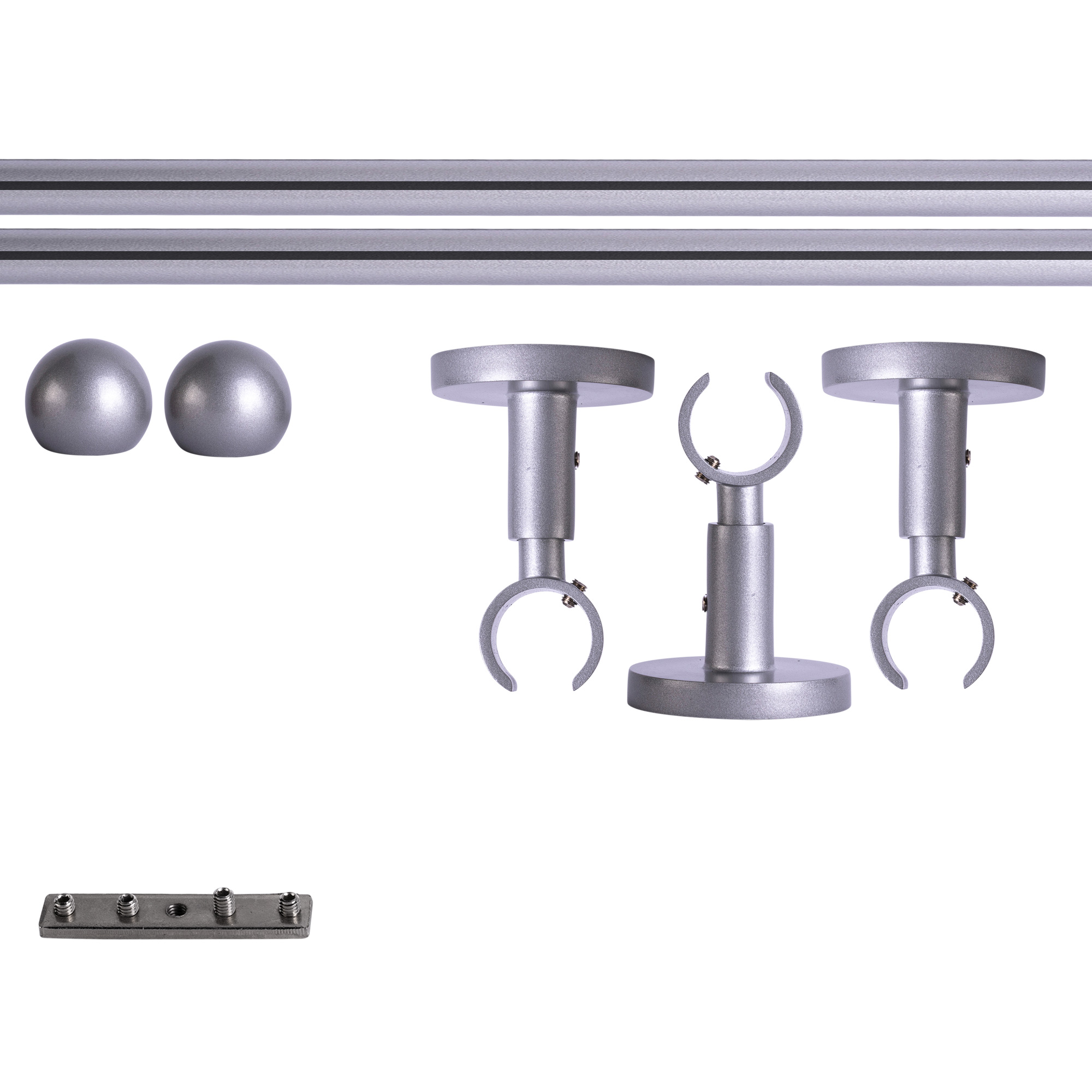 Set tringles à rideaux à rail intérieur | 1 rail, ⌀ 19 mm, 280 cm, argenté + Support plafond, Boule