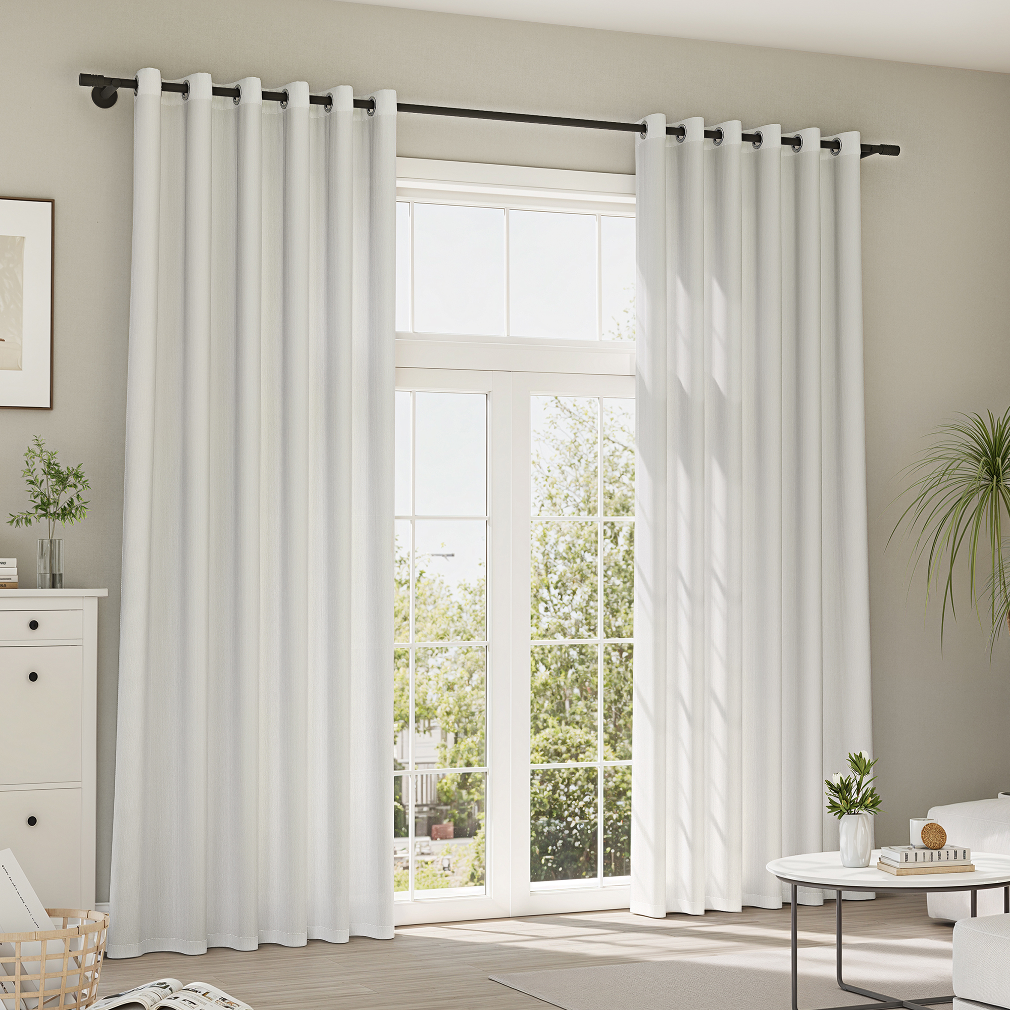 Rideaux et voilages Pure Line | Print, semi-transparent, rayures blanc-bambou