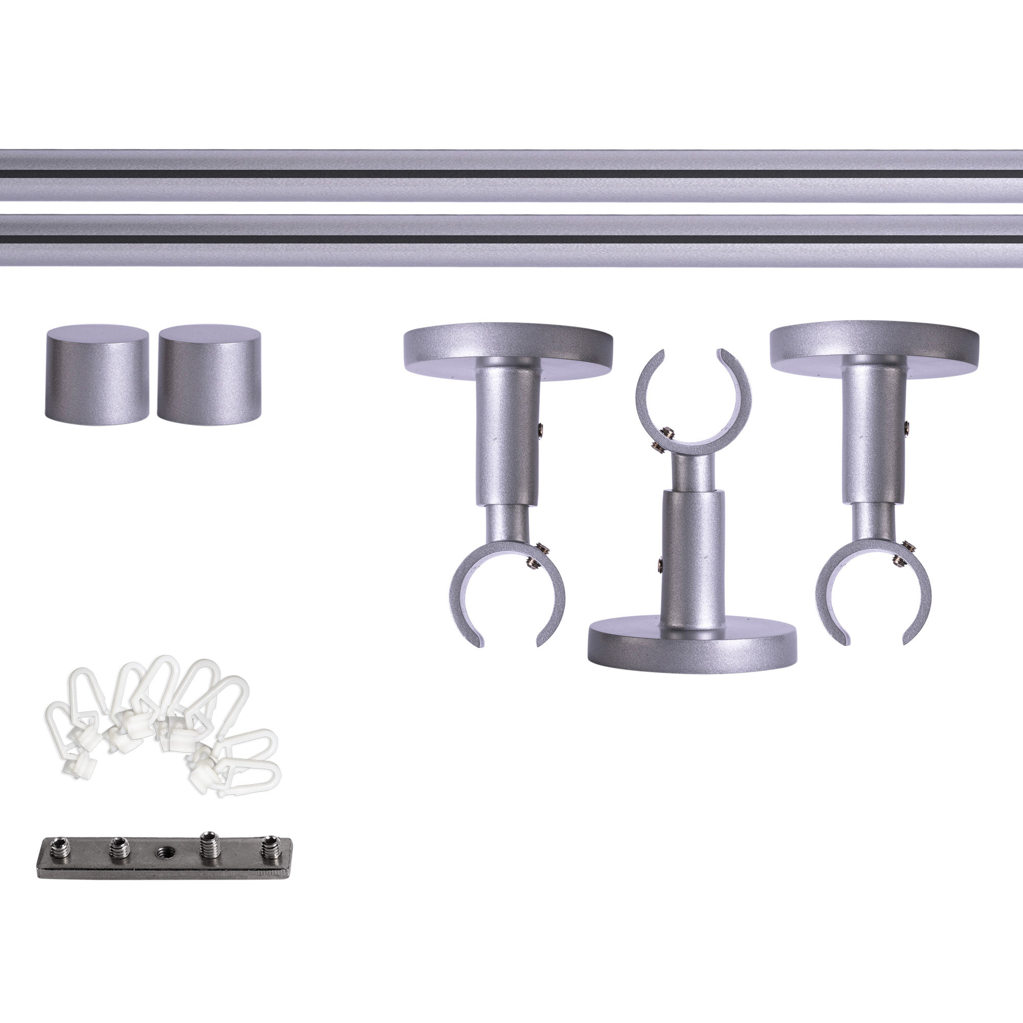 Set tringles à rideaux à rail intérieur | 1 rail, ⌀ 19 mm, 240 cm, argenté + Support plafond, Embout, Glisseur