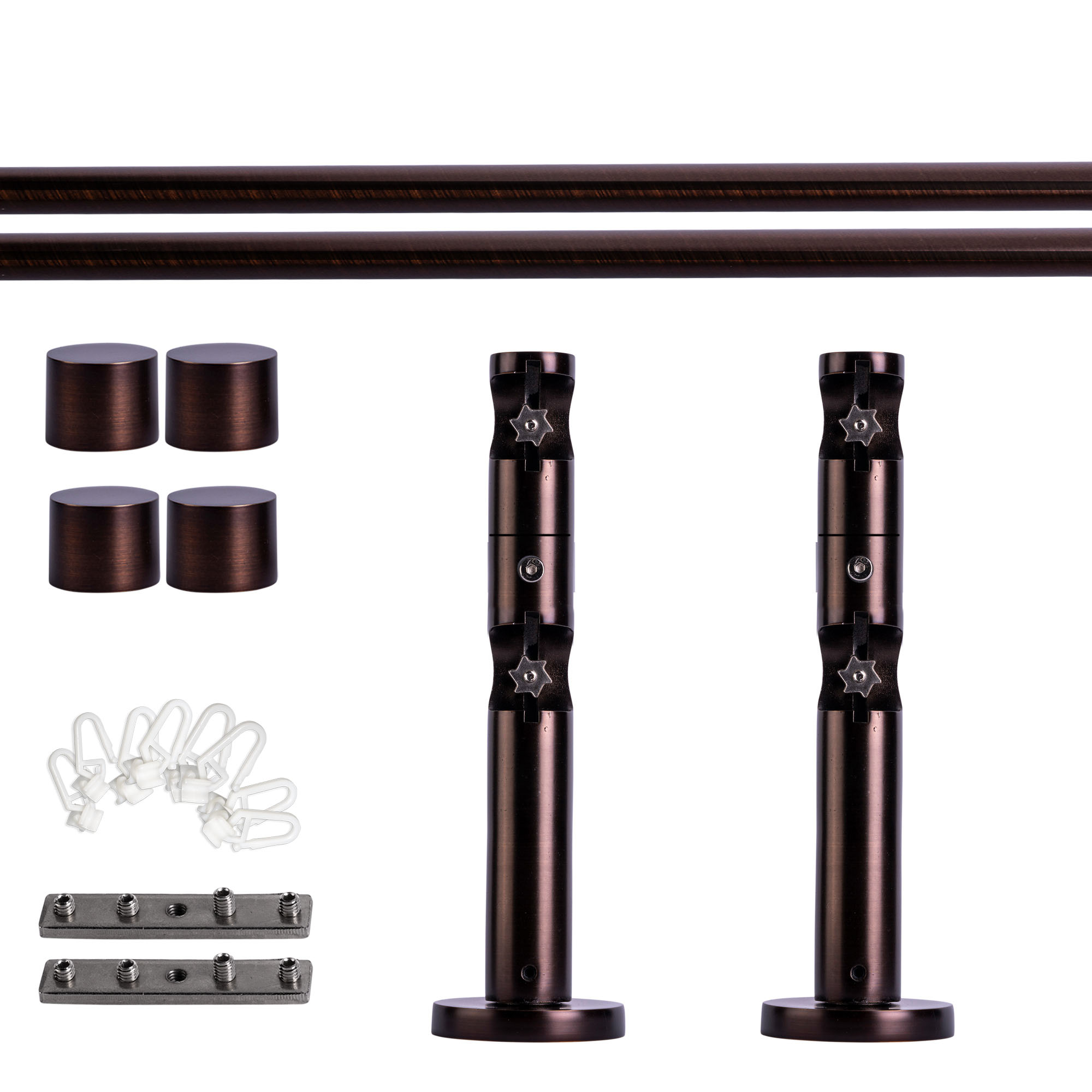 Set tringles à rideaux à rail intérieur | 2 rails, ⌀ 19 mm, 160 cm, rouge-bronze + Support mural, Embout, Glisseur