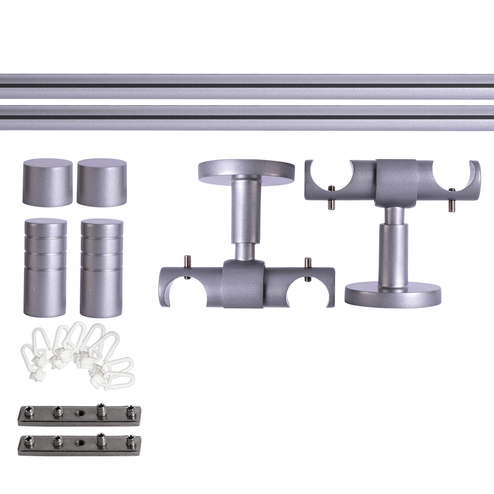 Set tringles à rideaux à rail intérieur | 2 rails, ⌀ 19 mm, 120 cm, argenté + Support plafond, Embout rainuré, Glisseur