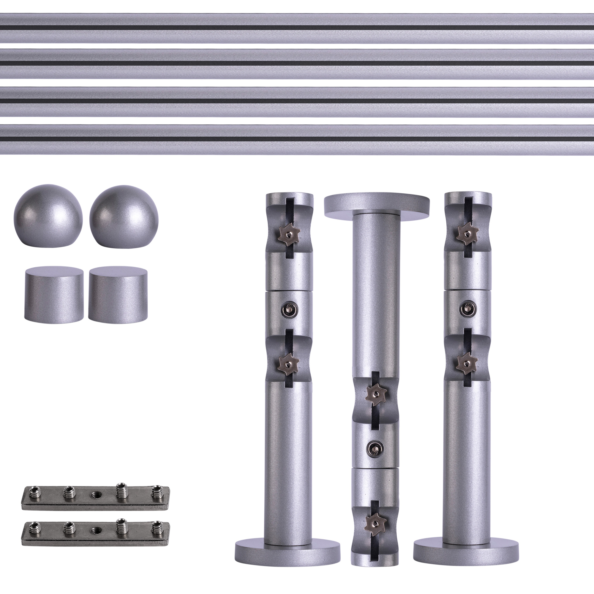 Set tringles à rideaux à rail intérieur | 2 rails, ⌀ 19 mm, 360 cm, argenté + Support mural, Boule
