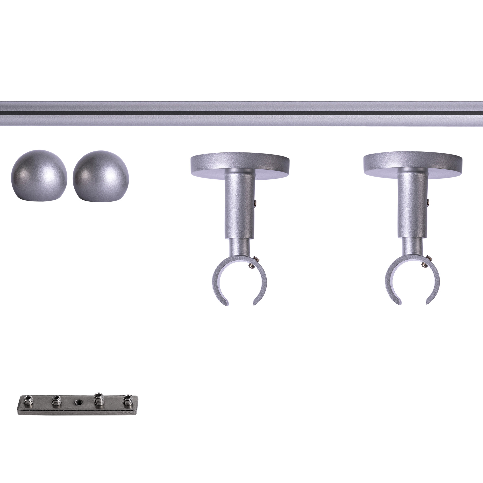Set tringles à rideaux à rail intérieur | 1 rail, ⌀ 19 mm, 120 cm, argenté + Support plafond, Boule