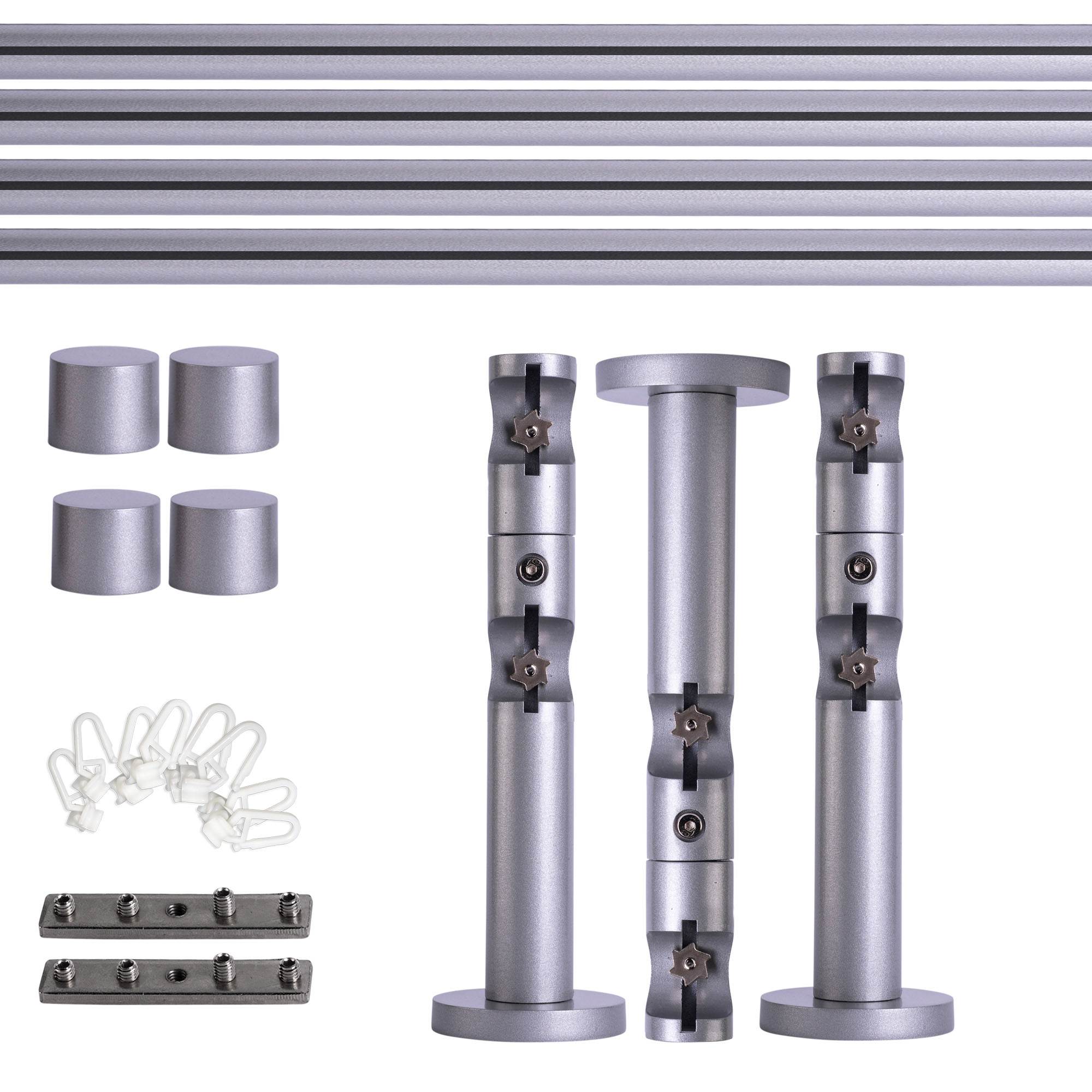 Set tringles à rideaux à rail intérieur | 2 rails, ⌀ 19 mm, 280 cm, argenté + Support mural, Embout, Glisseur