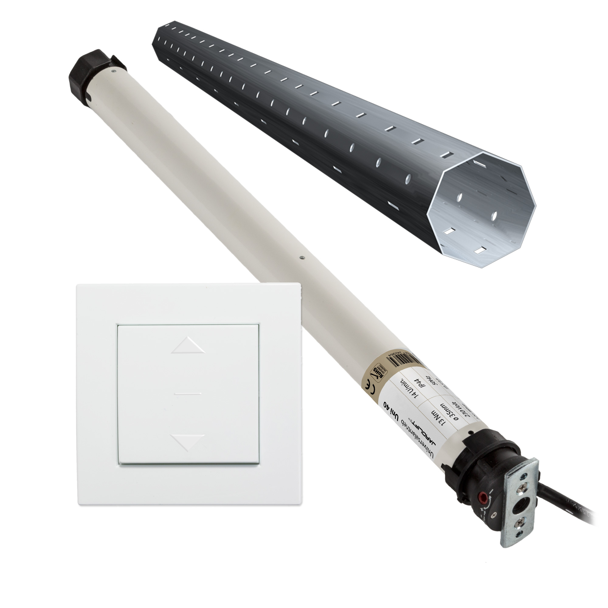 Moteur de volet roulant Universel | UNI40 (13 Nm / SW40) + Interrupteur à bascule Design + Kit tube en applique 1
