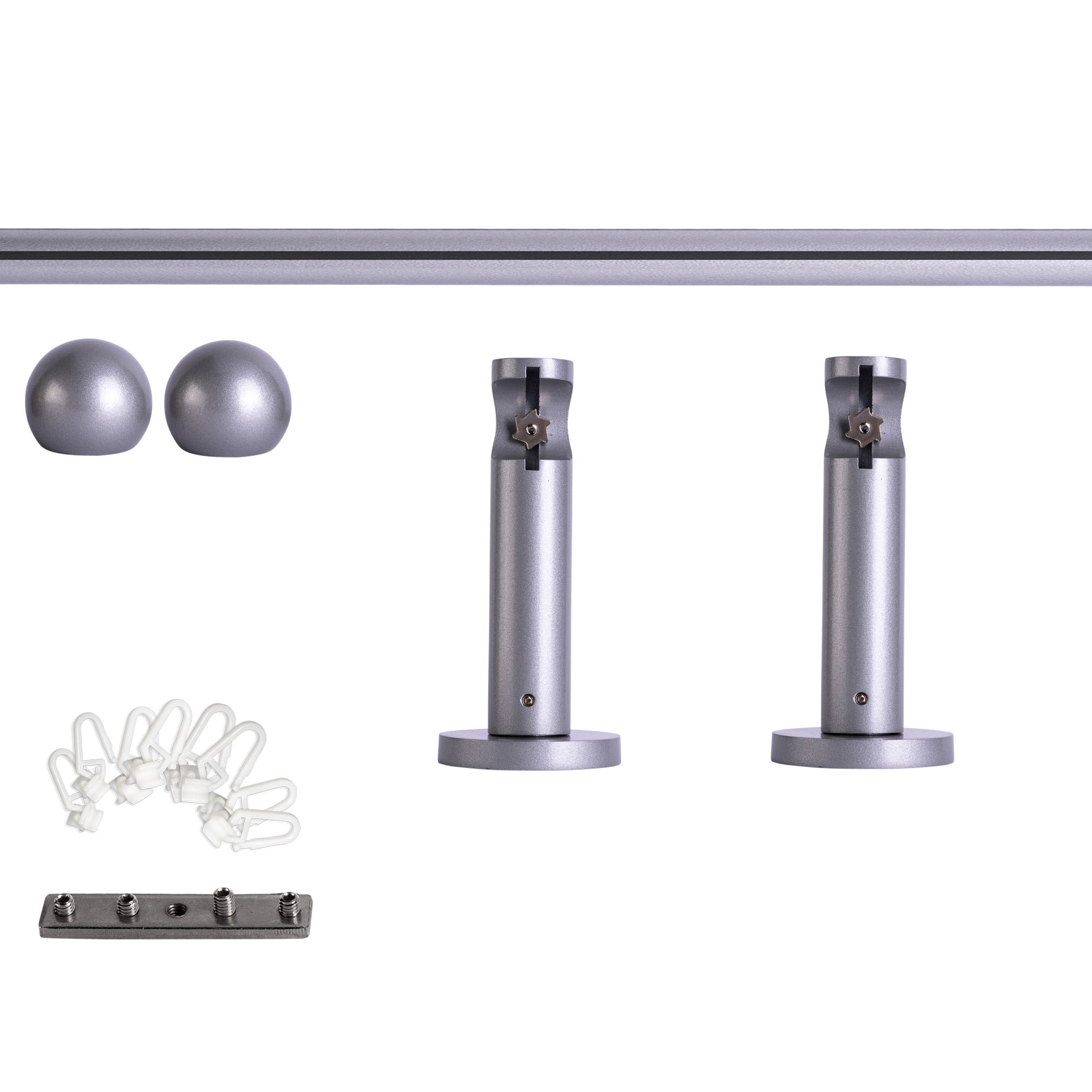 Set tringles à rideaux à rail intérieur | 1 rail, ⌀ 19 mm, 120 cm, argenté + Support mural, Boule, Glisseur