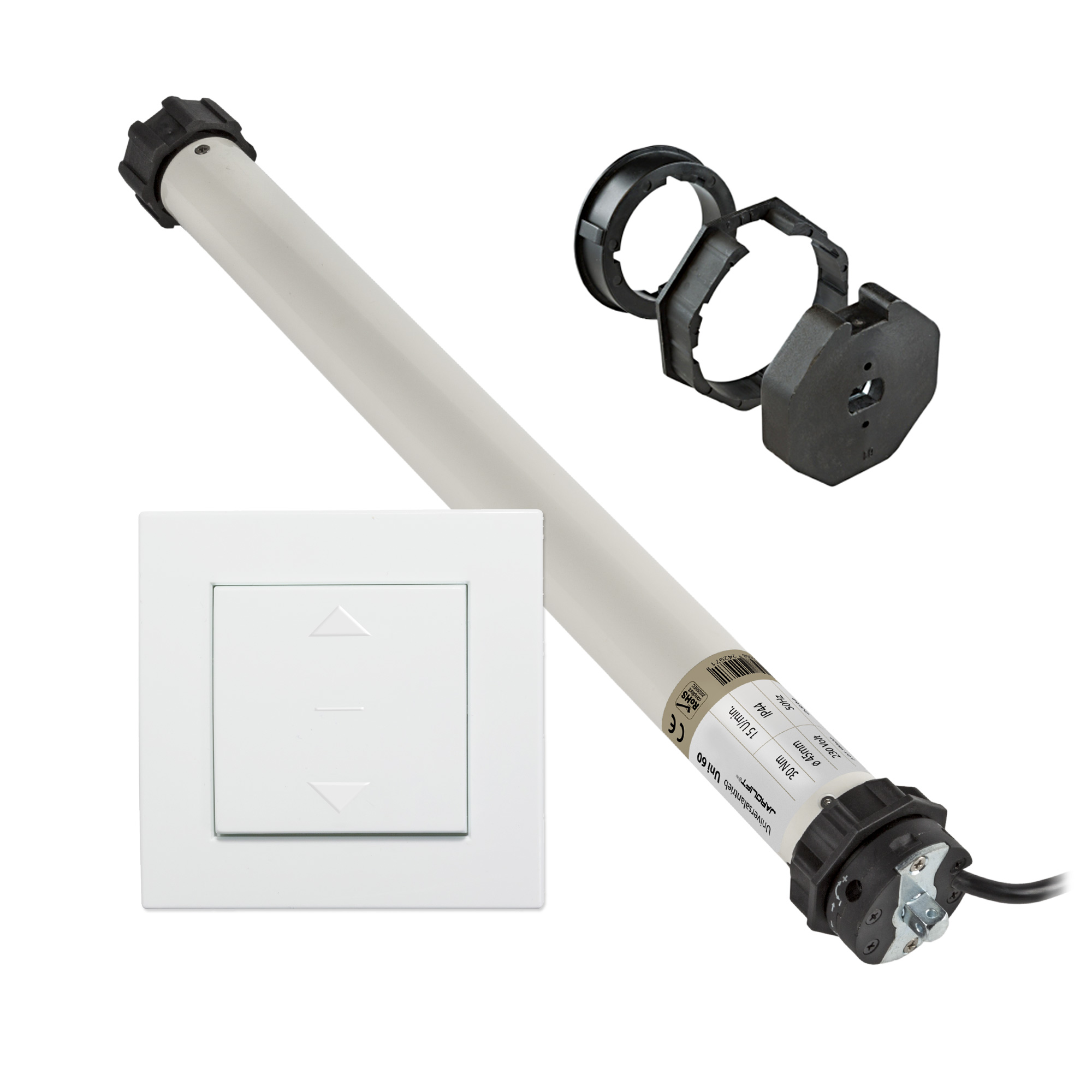 Moteur de volet roulant Universel | UNI60 (30 Nm / SW60) + Interrupteur à bascule Design + Adaptateur SW70 SLAO70-45