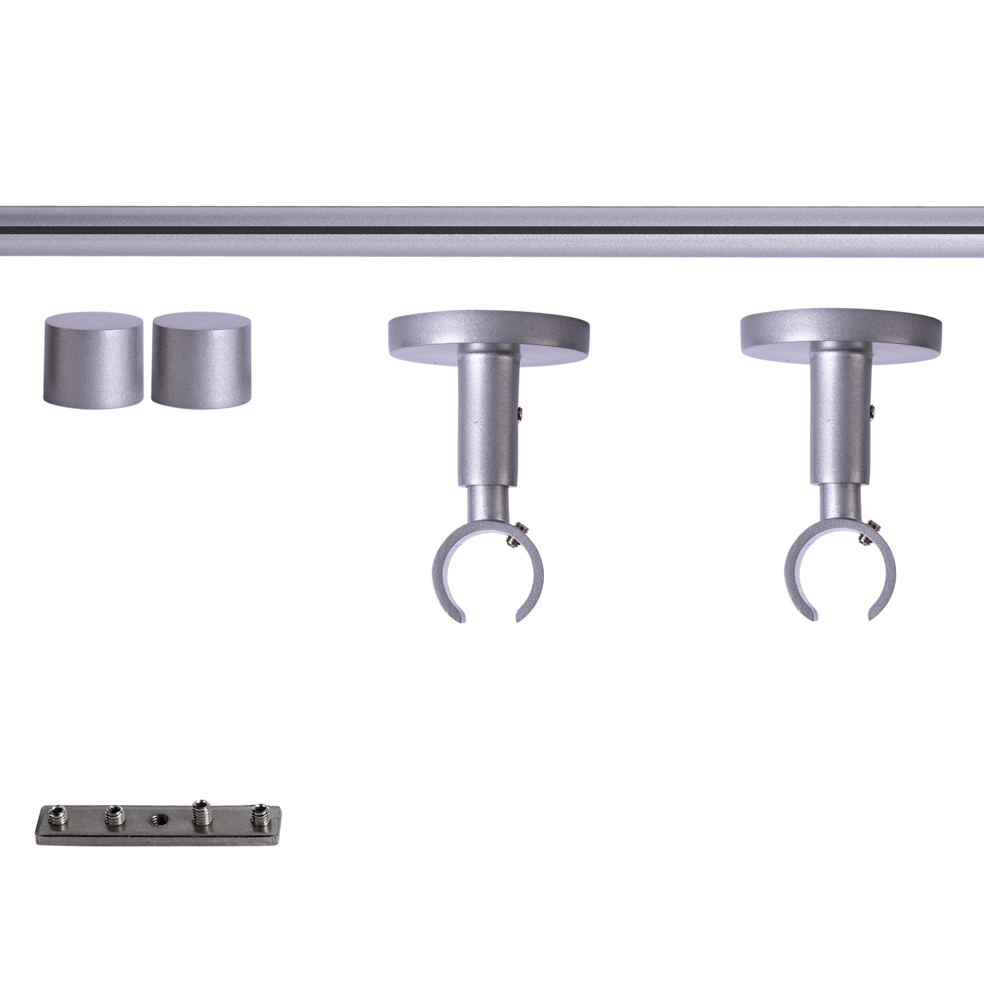 Set tringles à rideaux à rail intérieur | 1 rail, ⌀ 19 mm, 120 cm, argenté + Support plafond, Embout