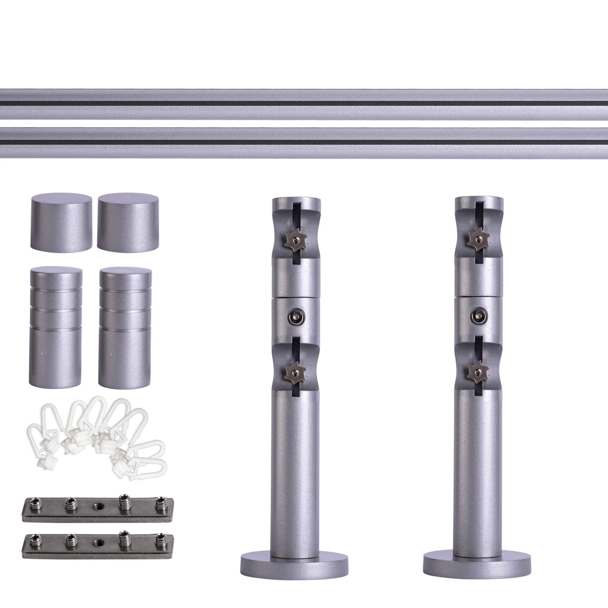 Set tringles à rideaux à rail intérieur | 2 rails, ⌀ 19 mm, 140 cm, argenté + Support mural, Embout rainuré, Glisseur
