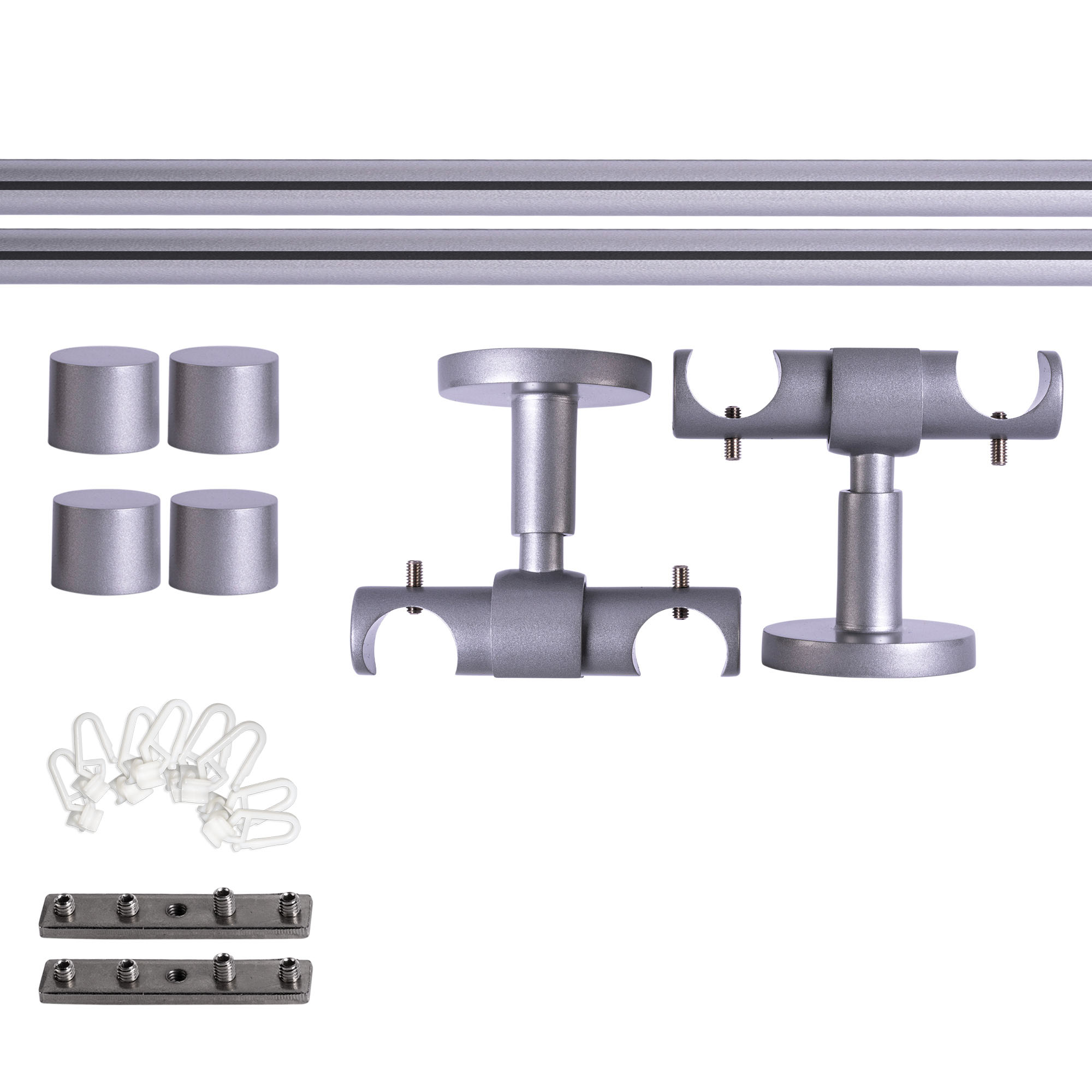 Set tringles à rideaux à rail intérieur | 2 rails, ⌀ 19 mm, 140 cm, argenté + Support plafond, Embout, Glisseur