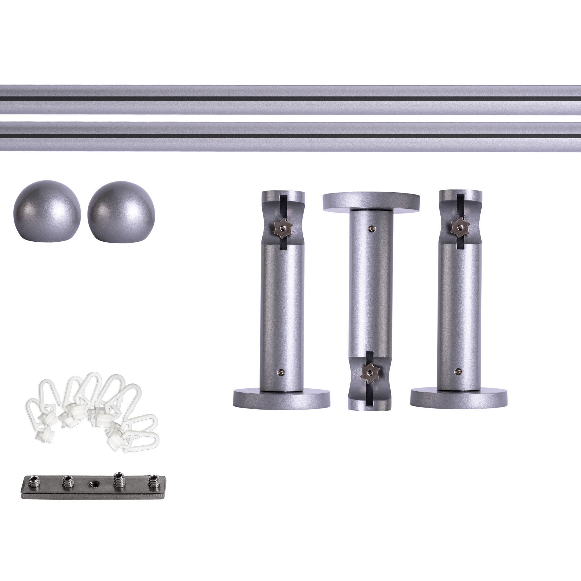 Set tringles à rideaux à rail intérieur | 1 rail, ⌀ 19 mm, 280 cm, argenté + Support mural, Boule, Glisseur