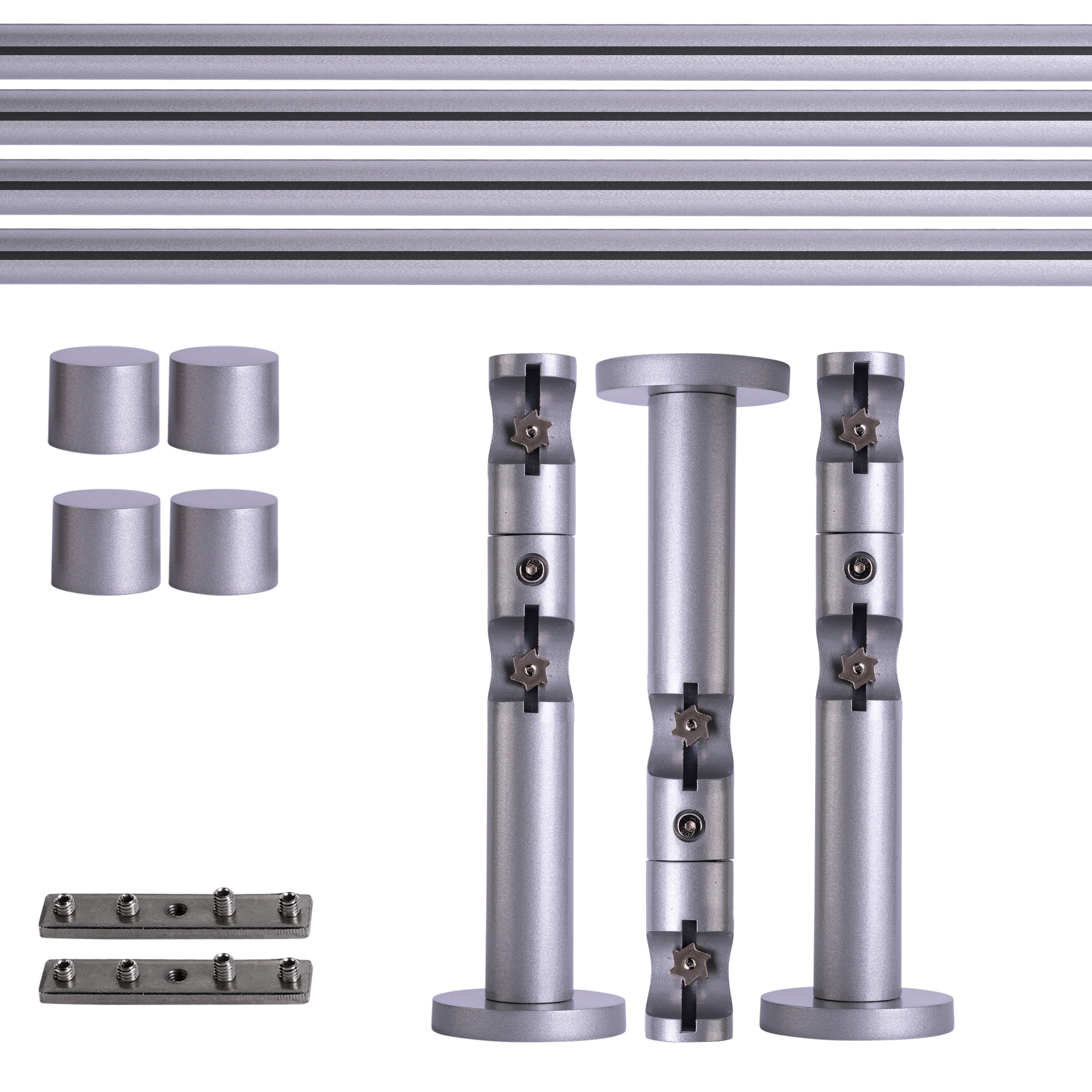 Set tringles à rideaux à rail intérieur | 2 rails, ⌀ 19 mm, 280 cm, argenté + Support mural, Embout