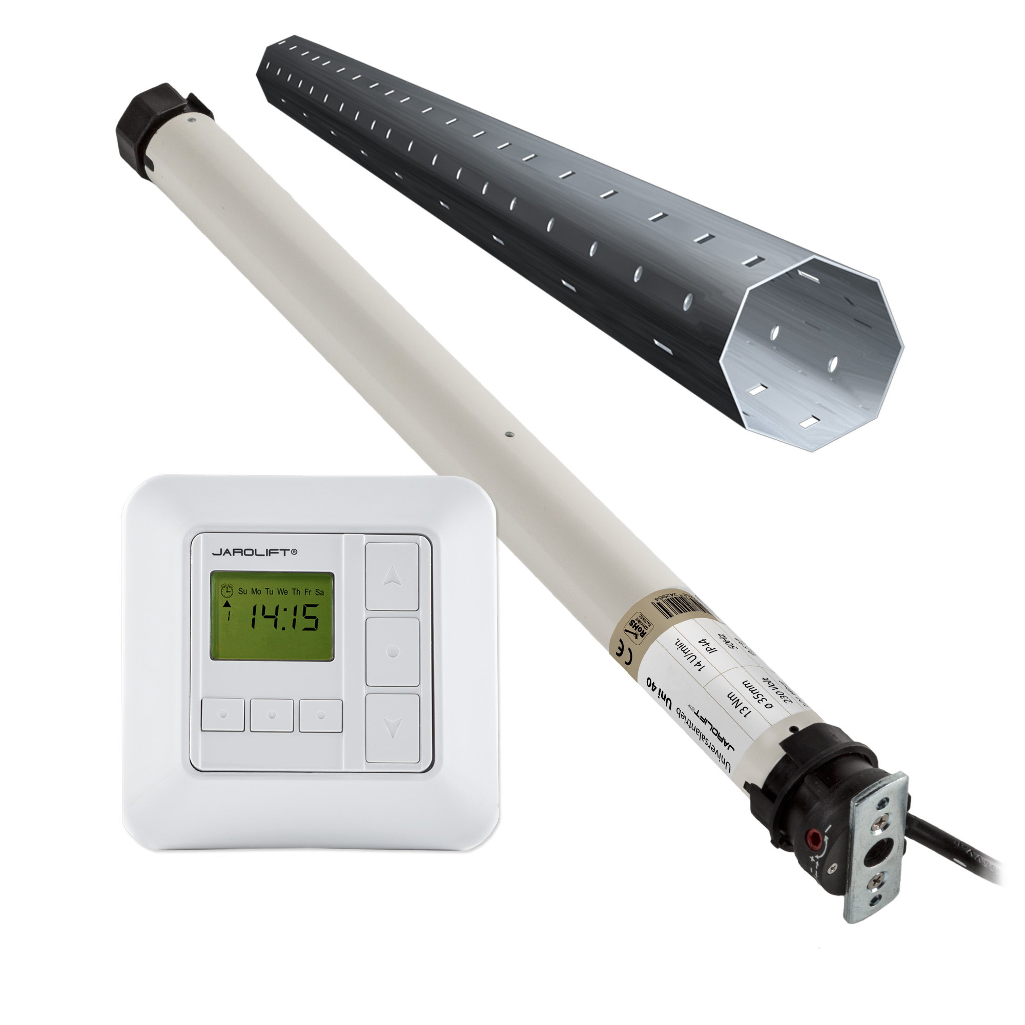 Moteur de volet roulant Universel | UNI40 (13 Nm / SW40) + Sevenlogic Comfort radio + Kit tube en applique 1