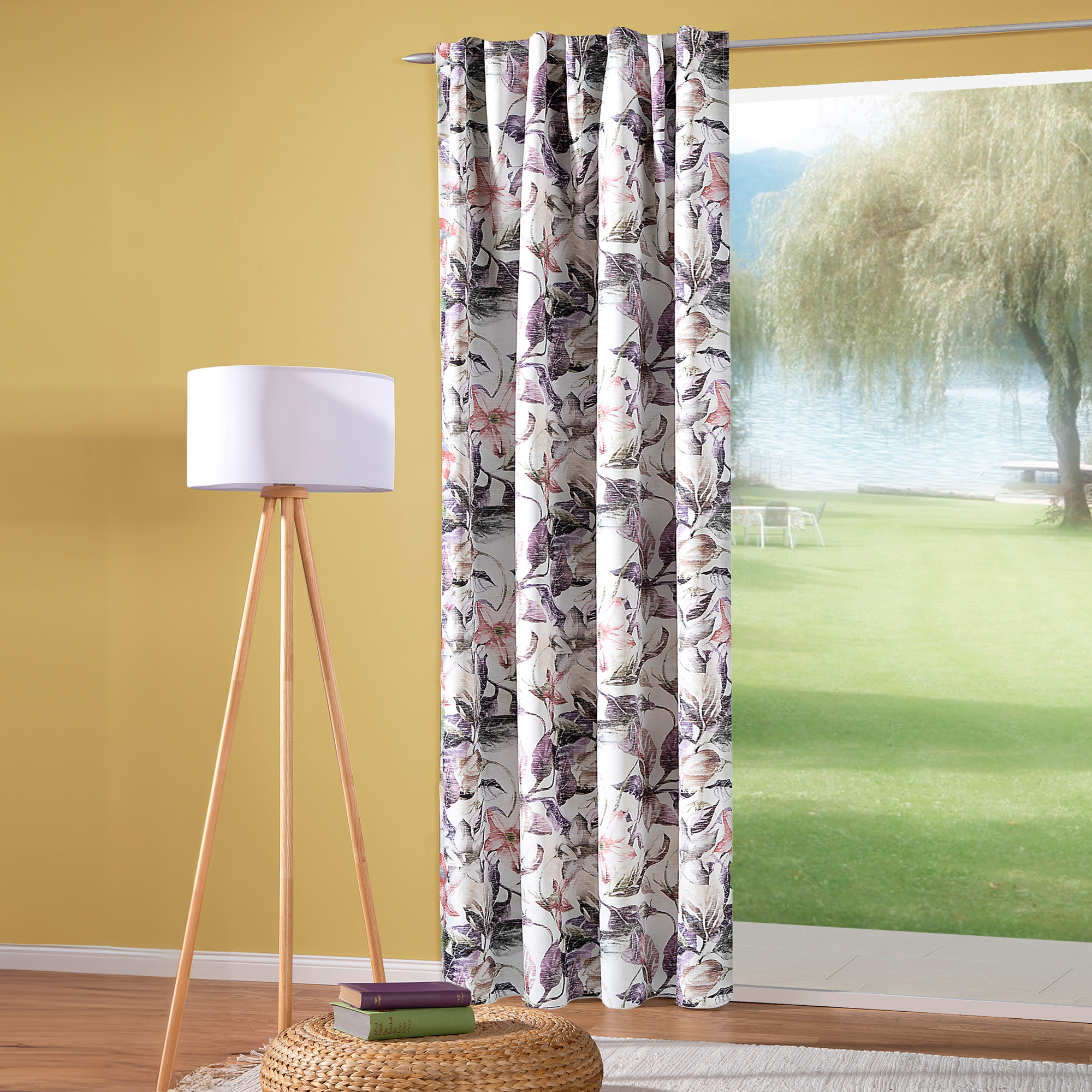 Rideau avec galon à passants - motif floral | occultant, 140 x 245 cm, aubergine