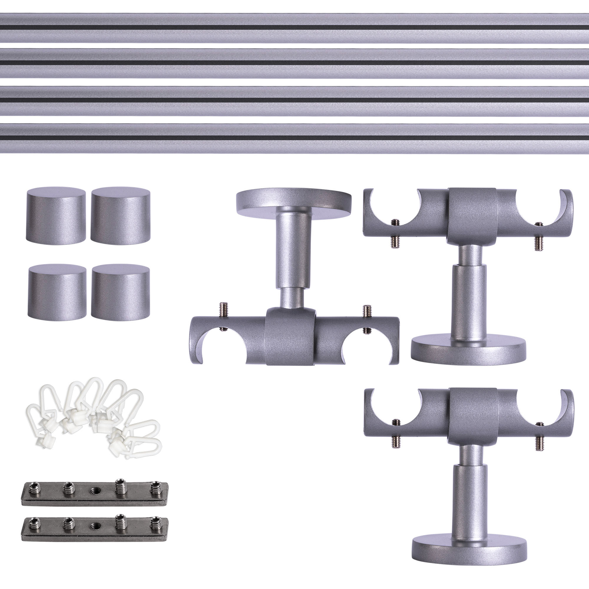 Set tringles à rideaux à rail intérieur | 2 rails, ⌀ 19 mm, 280 cm, argenté + Support plafond, Embout, Glisseur