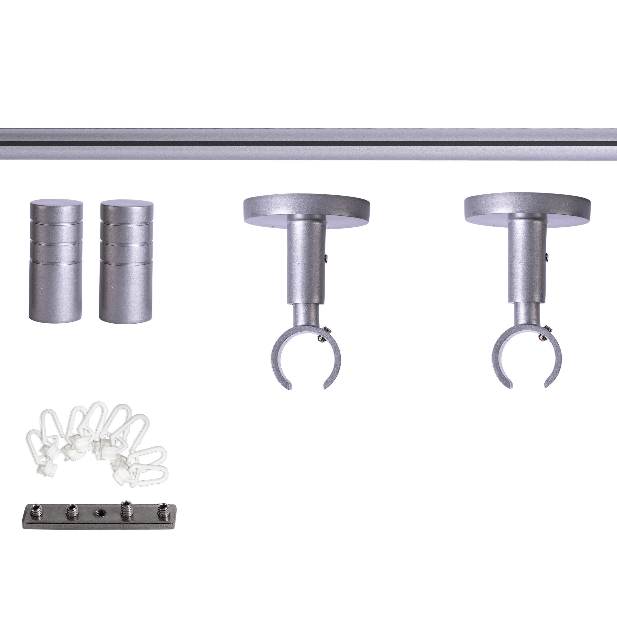 Set tringles à rideaux à rail intérieur | 1 rail, ⌀ 19 mm, 140 cm, argenté + Support plafond, Embout rainuré, Glisseur