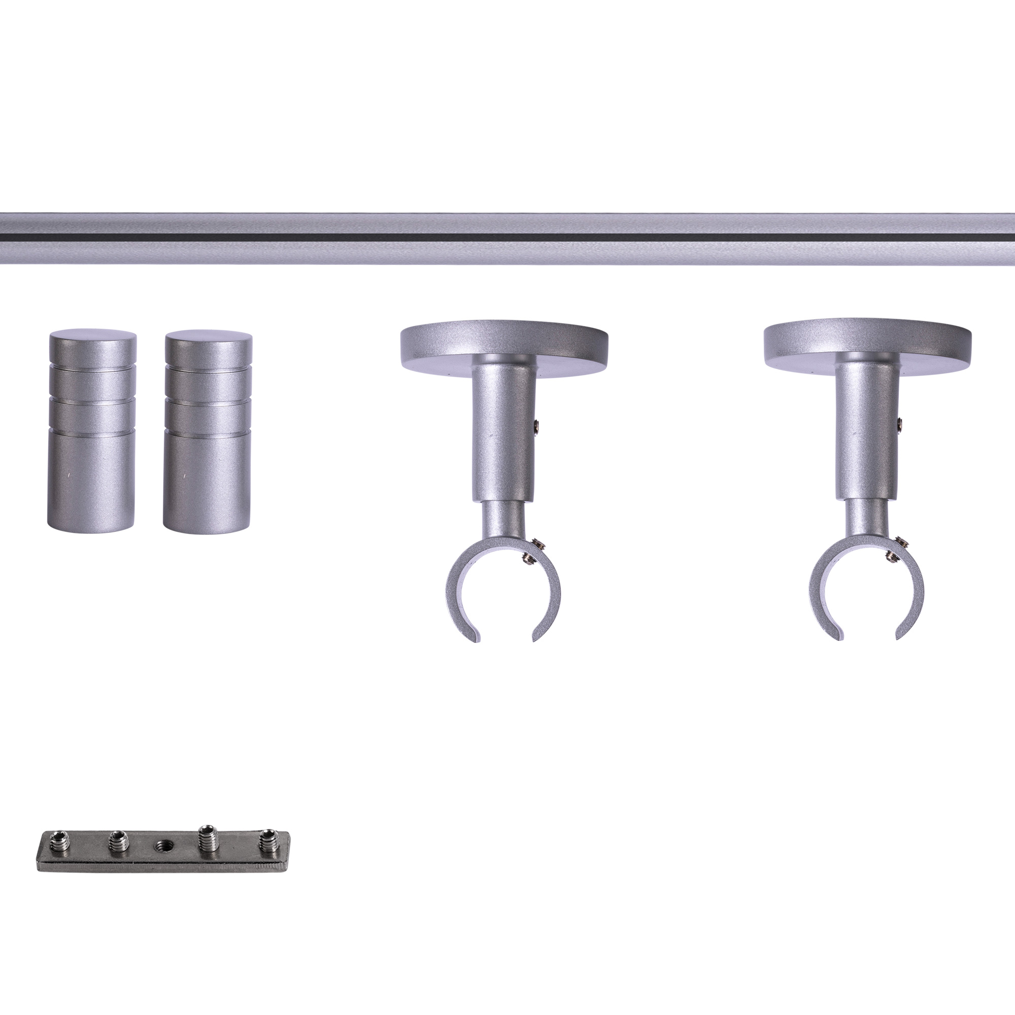 Set tringles à rideaux à rail intérieur | 1 rail, ⌀ 19 mm, 120 cm, argenté + Support plafond, Embout rainuré